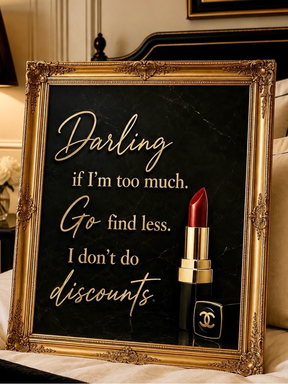 Luxury Boss Quote Wall Art Print Darling If I’m Too Much Black Gold Vanity Decor